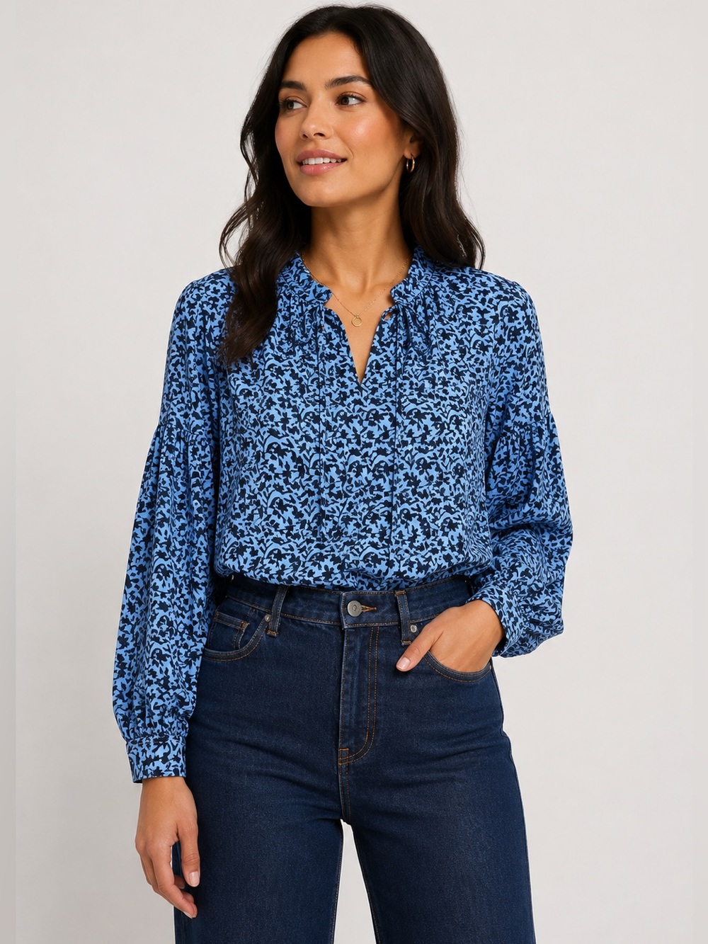 LOFT Shadow Floral Tie Neck Blouson Sleeve Blouse Size XS